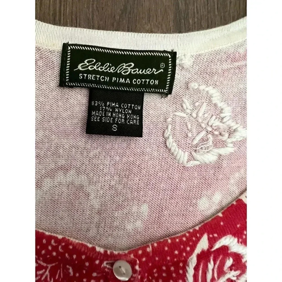 Women's Size Small Eddie Bauer Salmon &‎ White Cardigan Embroidered Sweater - Picture 2 of 6